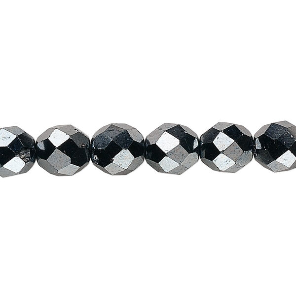 Bead, Czech fire-polished glass, opaque hematite, 8mm faceted round. Sold per 15-1/2" to 16" strand, approximately 50 beads. image number 0