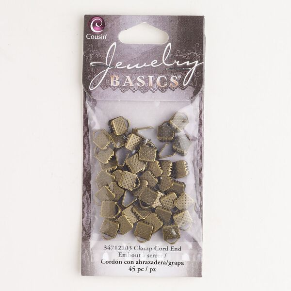 Ribbon crimp end, steel, pkg/45, antique gold finish, 7x6mm textured rectangle. image number 0