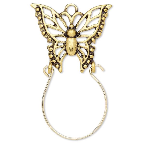 Focal, antique gold-finished steel and "pewter" (zinc-based alloy), 45x27mm single-sided charm holder with 27x23mm butterfly. Sold per pkg of 2. image number 0