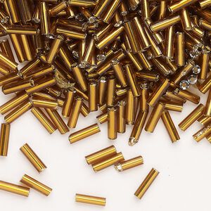 Bead, Ming Tree™, bugle bead, glass, pkg/1/4 pound, 1/4 inch, silver-lined translucent dark amber yellow.