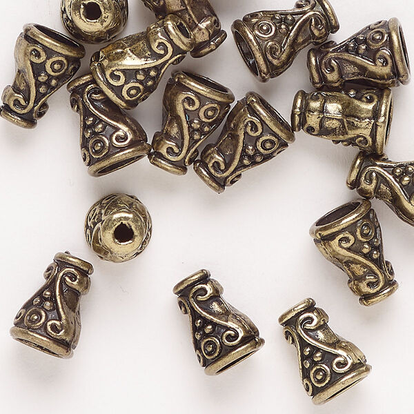 Cone 1pkg20 "pewter" (zinc-based alloy) 10x7mm cone scroll / dots design, antique gold finish image number 0