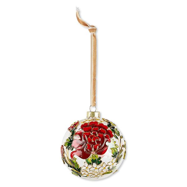 Ornament, glass / enamel / velveteen ribbon / gold-finished copper / brass / steel, clear and multicolored with glitter, 3-inch round with flower and leaf design. Sold individually. image number 0