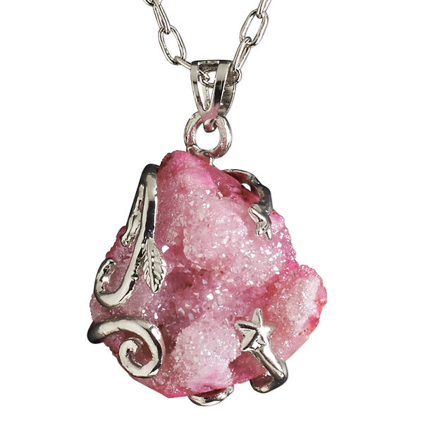 Necklace, electroplated druzy agate (coated) and imitation rhodium-plated brass, pink, 30x20mm-38x28mm hand-cut wire-wrapped freeform, 20 inches with 2-1/2 inch extender chain and lobster claw clasp. Sold individually. image number 0