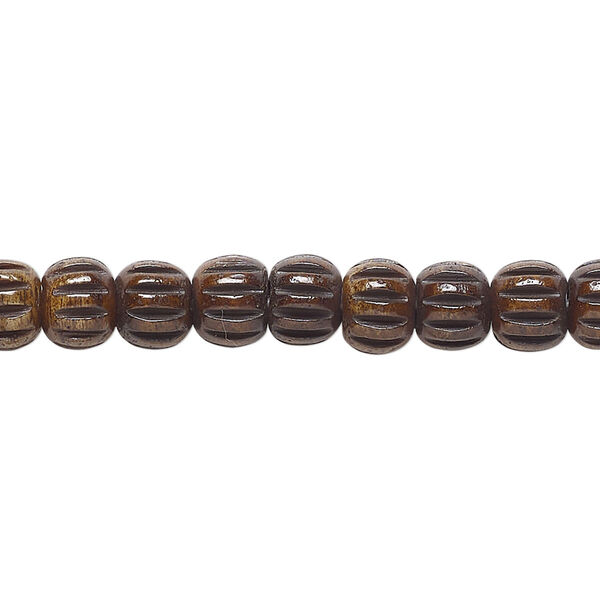 Bead, bone (dyed), antiqued brown and black, 6.5x5.5mm corrugated barrel. Sold per 15-1/2" to 16" strand. image number 0