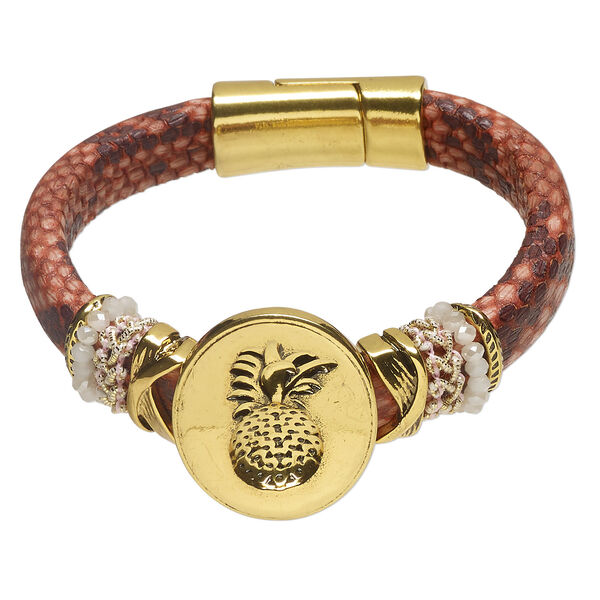 Bracelet 1pkg1 faux leather / glass / antique gold-finished brass and stainless steel, pink / red / white, 30mm width with pineapple and snake skin design, 6 inches with magnetic clasp. image number 0
