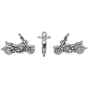 Charm, antiqued pewter (tin-based alloy), 22x10mm 3D motorcycle. Sold individually.