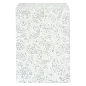 Bag, paper, white and silver, 7x5 inch rectangle with paisley-print and scalloped top edge. Sold per pkg of 100.