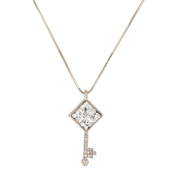 Necklace, Czech glass / Czech glass rhinestone / gold-finished steel / brass / "pewter" (zinc-based alloy), clear, 32x17mm key, 17 inches with 2-inch extender chain and lobster claw clasp. Sold individually. image number 0