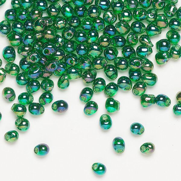 Seed bead, Miyuki, glass, pkg/10g, 4x3.4mm fringe, translucent rainbow green (DP-179). image number 0