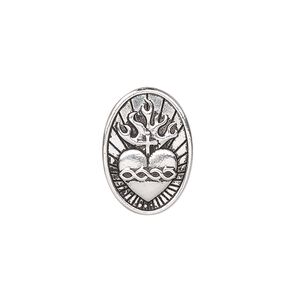 Button, TierraCast®, antique silver-plated pewter, 19x13mm oval with sacred heart and closed loop. Sold individually.