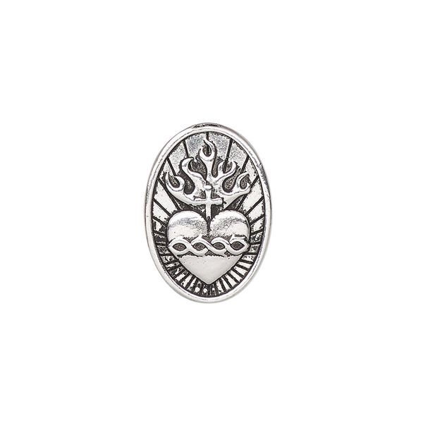 Button, TierraCast®, antique silver-plated pewter, 19x13mm oval with sacred heart and closed loop. Sold individually. image number 0