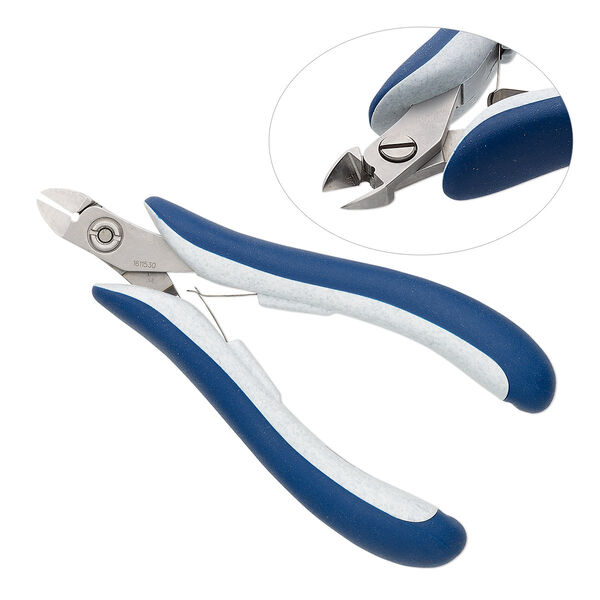 Pliers, Teborg®, flush-cutter, steel / stainless steel / plastic, grey / white / blue, 5 inches. Sold individually. image number 0