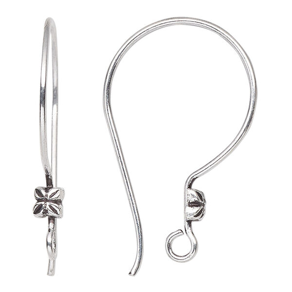 Ear wire, antiqued sterling silver, 28mm French style with 5mm flower and open loop, 19 gauge. Sold per pair. image number 0
