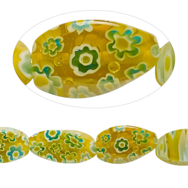 Bead, millefiori glass, translucent olive green / white / blue, 16x8mm 4-sided twisted oval with 0.6-0.8mm hole. Sold per 15-inch strand. image number 0