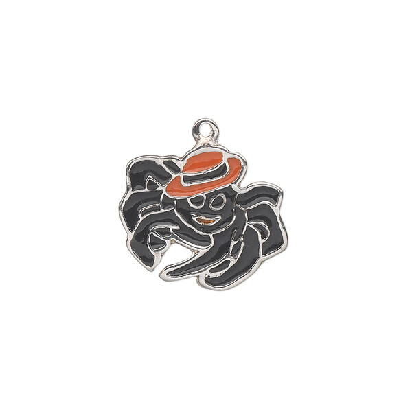 Charm, silver-plated "pewter" (zinc-based alloy) and enamel, black and orange, 19x16mm single-sided spider with hat. Sold individually. image number 0
