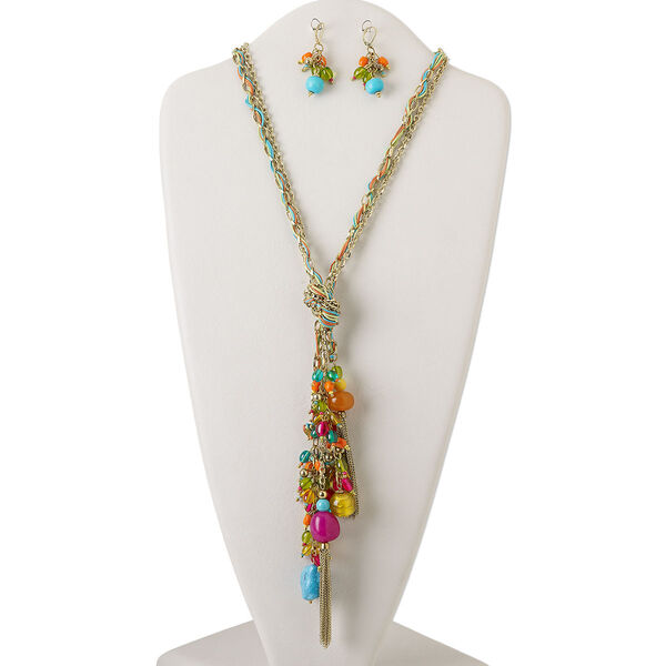 Necklace and earring set, glass / acrylic / waxed cotton cord / gold-finished steel / brass, multicolored, 9-inch dangle, 24-inch necklace with 3-inch extender chain and lobster claw clasp, 2-inch earrings with leverback ear wire. Sold per set. image number 0