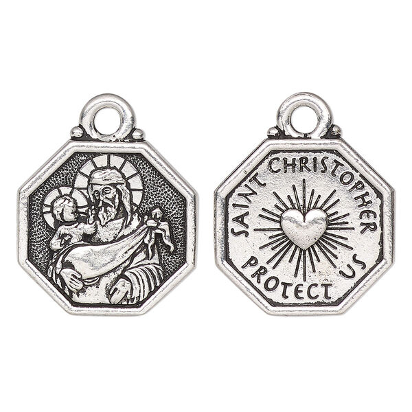 Drop, TierraCast®, antique silver-plated pewter, 20mm 2-sided octagon with Saint Christopher and "Saint Christopher protect us." Sold per pkg of 10. image number 0