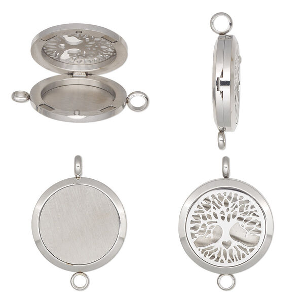Pendant, stainless steel, 37x30mm single-sided hinged round locket with cutout tree of life design and magnetic closure with loop. Sold individually. image number 0