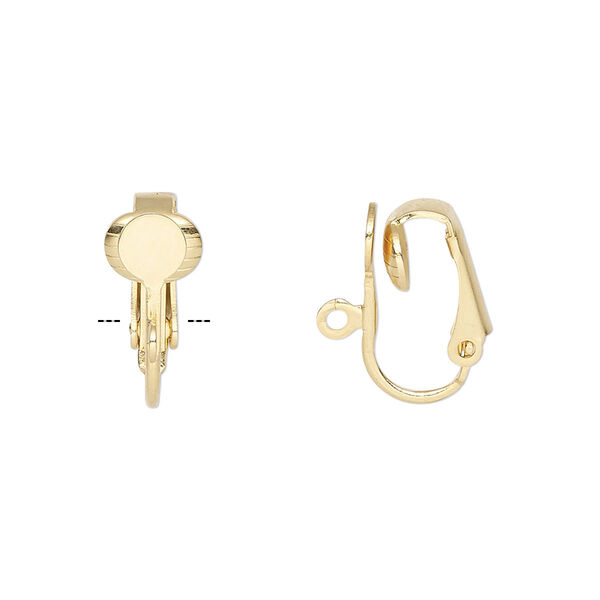 Earring, clip-on, gold-plated steel, 16mm hinged with 5mm round flat pad and open loop. Sold per pkg of 5 pairs. image number 0