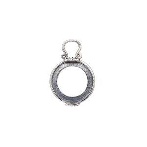 Drop, antiqued sterling silver, 13mm round with marquise design and open back with 12mm 2-prong round cabochon setting. Sold individually.