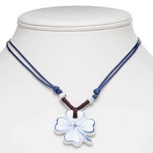 Necklace, porcelain and waxed cotton cord, blue / white / brown, 32x32mm clover, adjustable from 16-30 inches with macramé knot closure. Sold individually.