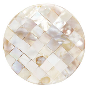 Focal, mother-of-pearl shell and resin (assembled) 1pkg1, 49-50mm top-drilled 1sided domed puffed round with checkerboard pattern.