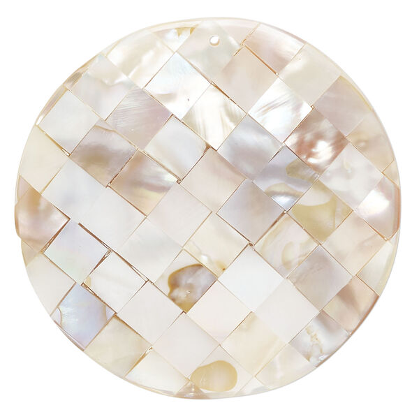 Focal, mother-of-pearl shell and resin (assembled) 1pkg1, 49-50mm top-drilled 1sided domed puffed round with checkerboard pattern. image number 0