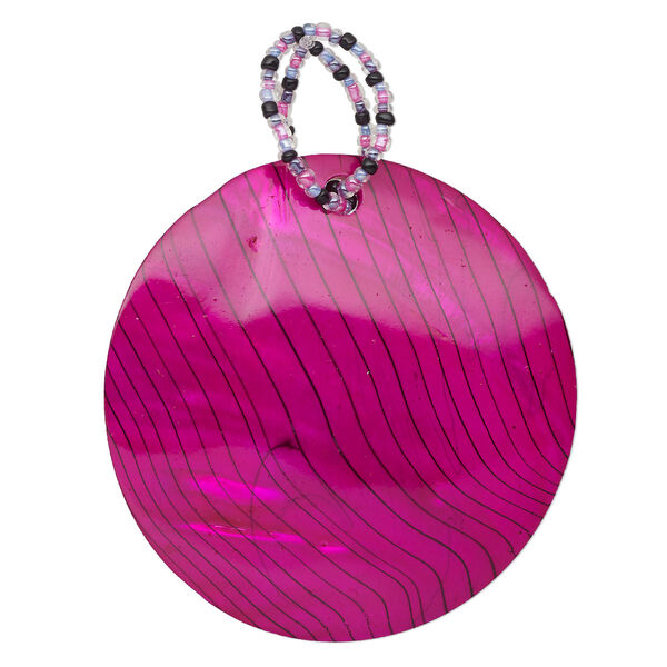 Focal, mother-of-pearl shell (coated), fuchsia and black, 64-65mm round with line design, Mohs hardness 3-1/2. Sold individually. image number 0