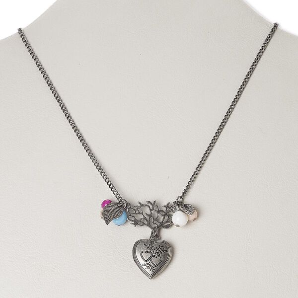 Necklace, acrylic with antiqued silver-finished brass and steel, multicolored, 20x19mm heart locket, 16 inches with 3-inch extender chain and lobster claw clasp. Sold individually. image number 0