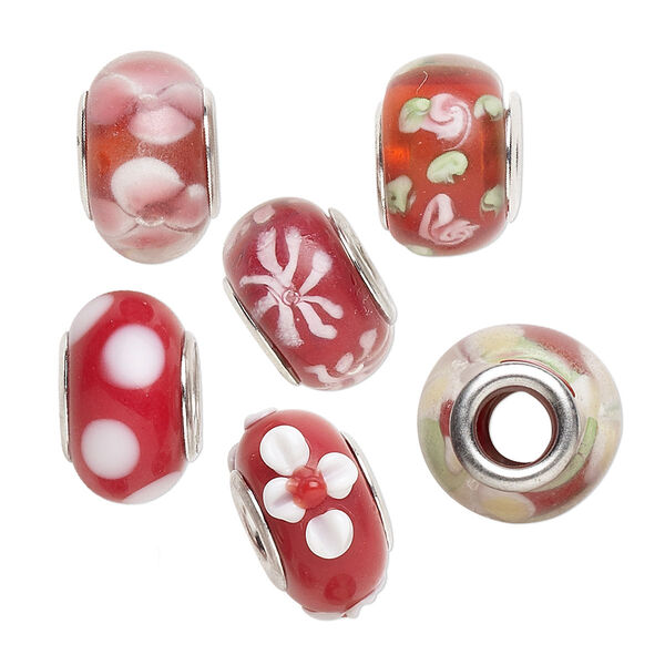 Bead, Dione®, lampworked glass and imitation rhodium-plated brass grommets, transparent red and opaque multicolored, 12x8mm-16x9mm rondelle with assorted designs. Sold per pkg of 6. image number 0