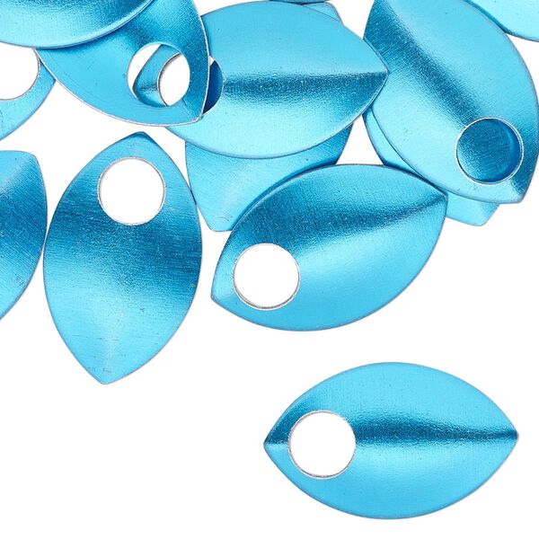 Component, anodized aluminum, light blue, 22x14mm 2-sided curved scale blank with 5mm hole, 20 gauge. Sold per pkg of 20. image number 0