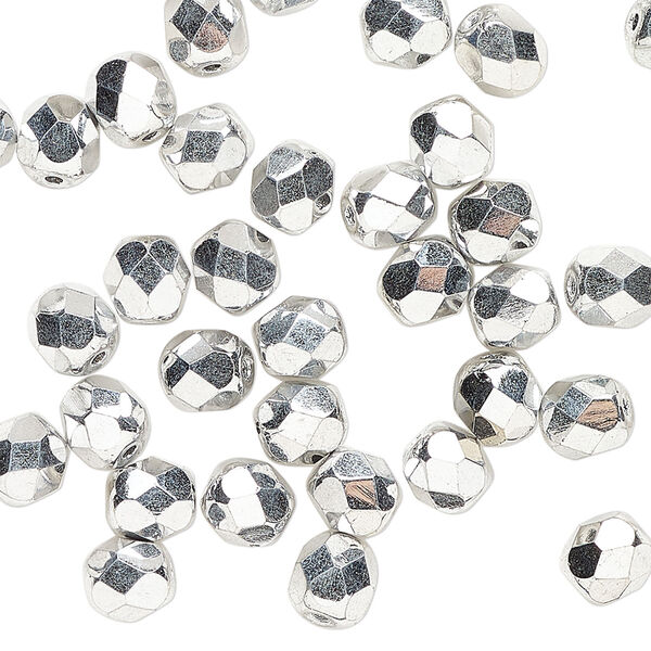 Bead 1pkg60, Czech fire-polished glass, opaque metallic silver, 6mm faceted round. image number 0