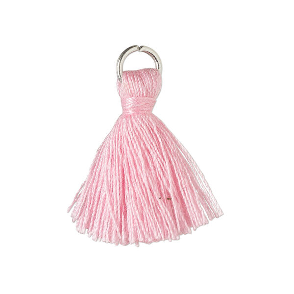 Tassel, cotton and imitation rhodium-finished steel, light pink, 20-24mm mini tassel with 6mm open jump ring. Sold per pkg of 6. image number 0