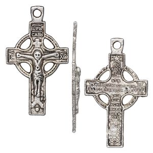 Drop, antique silver-plated "pewter" (zinc-based alloy), 29x19mm single-sided Celtic cross. Sold per pkg of 10.