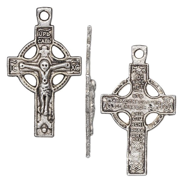 Drop, antique silver-plated "pewter" (zinc-based alloy), 29x19mm single-sided Celtic cross. Sold per pkg of 10. image number 0