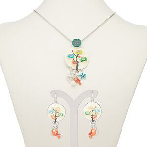 Necklace and earring set, enamel / glass / silver-plated brass / steel / "pewter" (zinc-based alloy), multicolored, 2-3/4 inch dangle with round and tree with bird design, 18-inch necklace with 2-inch extender chain and lobster claw clasp, 46mm earrings with leverback ear wire. Sold per set.