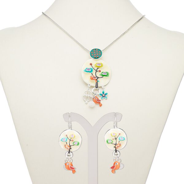 Necklace and earring set, enamel / glass / silver-plated brass / steel / "pewter" (zinc-based alloy), multicolored, 2-3/4 inch dangle with round and tree with bird design, 18-inch necklace with 2-inch extender chain and lobster claw clasp, 46mm earrings with leverback ear wire. Sold per set. image number 0