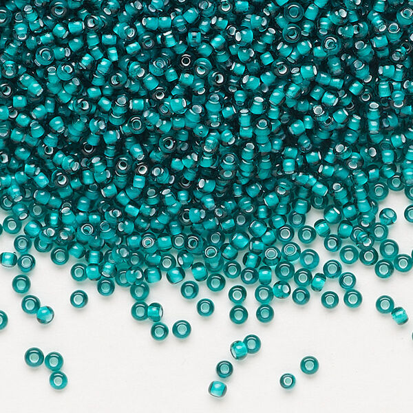 Seed bead, Preciosa Ornela, glass, transparent chalkwhite-lined teal green, #11 rocaille. Sold per 50-gram pkg. image number 0