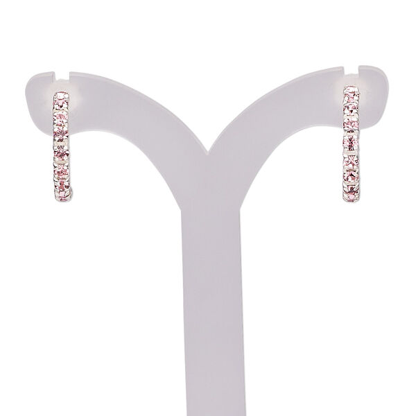Earring, sterling silver and cubic zirconia, pink, 15mm half hoop with post. Sold per pair. image number 0