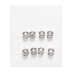 Bead, "pewter" (zinc-based alloy) and crystal, pkg/8, 9x7mm rectangle, antique silver finish and clear.