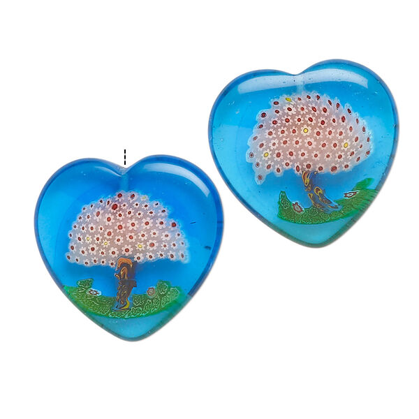 Bead, millefiori glass, translucent mixed colors, 19mm half-drilled puffed heart with tree / flower / grass design, 0.6-0.8mm hole. Sold per pkg of 2. image number 0