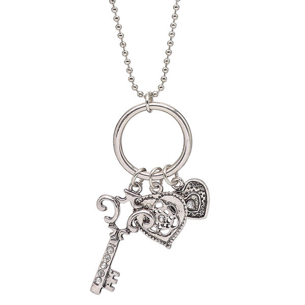 Necklace, glass rhinestone with antique imitation rhodium-plated brass and pewter (tin-based alloy), clear, 37x16mm single-sided key with ring and heart charms, 36-inch continuous loop. Sold individually. image number 0