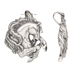 Pendant, antiqued sterling silver, 31x26mm single-sided stallion with hidden bail. Sold individually.