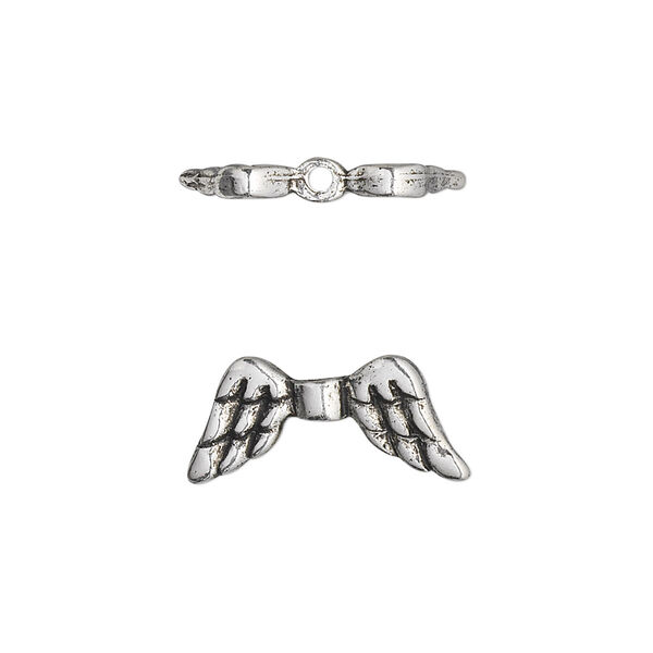 Bead, antique silver-plated pewter (tin-based alloy), 20x9mm double-sided angel wings. Sold per pkg of 2. image number 0