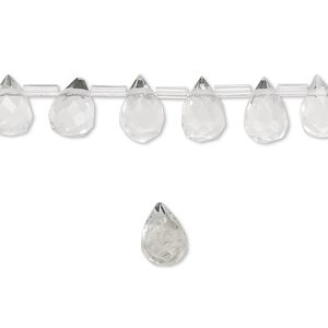 Drop, glass, clear, 9x6mm faceted teardrop. Sold per pkg of 50 drops.