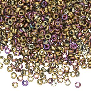 Seed bead, Miyuki, glass, pkg/10g, 3x1.3mm spacer rondelle, opaque iris purple and gold, (SPR3-188).