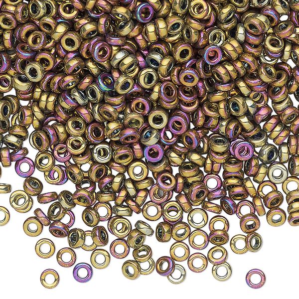 Seed bead, Miyuki, glass, pkg/10g, 3x1.3mm spacer rondelle, opaque iris purple and gold, (SPR3-188). image number 0