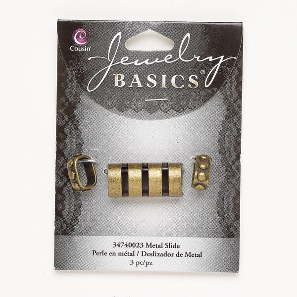 Bead assortment, slider 1pkg3, antique brass-finished "pewter" (zinc alloy), 15x6mm dotted oval rondelle and 28x13mm slotted curved oval tube. image number 0