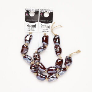 Bead 2pkg8, porcelain, red-brown / white / black, 19x14mm freeform.