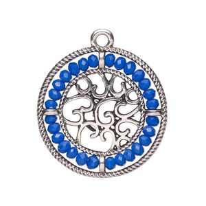 Drop, glass and antique silver-finished "pewter" (zinc-based alloy), cobalt blue, 28mm round with hearts and beaded border. Sold per pkg of 2.